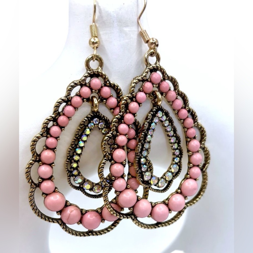 Elegant Pink Turquoise Iridescent Rhinestones Scalloped Double Teardrop Earrings